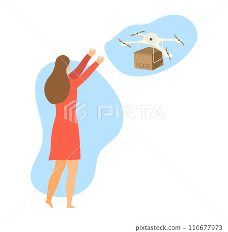 Woman receiving a package from a delivery drone. Female in red dress accepts food box from flying robotic courier. Contactless delivery and modern technology vector illustration. 110677973