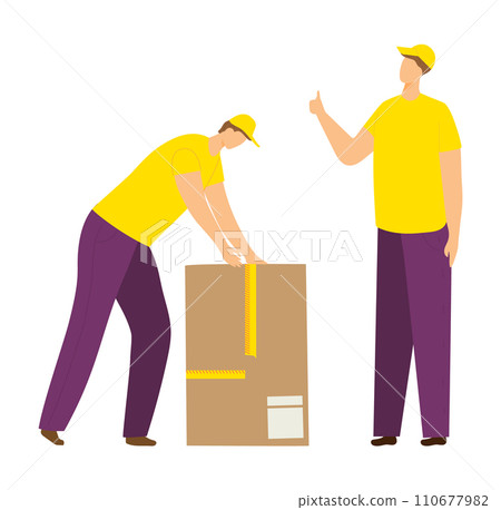 Two men in yellow shirts measuring a package, one measuring with tape and one giving thumbs up. Delivery workers ensuring parcel dimensions. Workplace teamwork and package delivery vector illustration 110677982