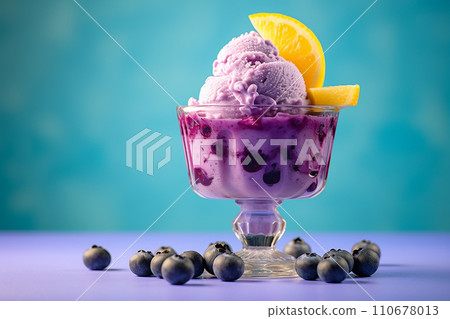 Generative AI Blueberry ice cream in a glass cup on a blue background 110678013