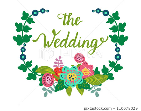 Floral wedding invitation design with colorful flowers and greenery wreath. Elegant marriage celebration card with calligraphy. Romantic botanical arrangement vector illustration. 110678029