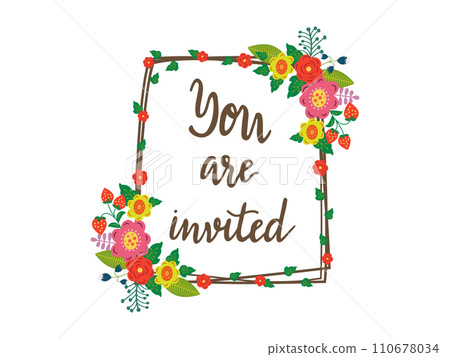 Floral invitation frame with You are invited text. Colorful flowers and leaves border design. Elegant event invite vector illustration. Cheerful and inviting party card theme vector illustration. Floral invitation frame with You are invited text. Colorful flowers and leaves border design. Elegant event invite vector illustration. Cheerful and inviting party card theme vector illustration. 110678034