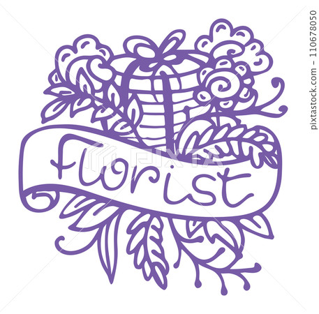 Floral design with the word florist creating floral emblem. Hand-drawn flowers and foliage wrapping around typography. Floral emblem and logo design vector illustration. Floral design with the word florist creating floral emblem. Hand-drawn flowers and foliage wrapping around typography. Floral emblem and logo design vector illustration. 110678050