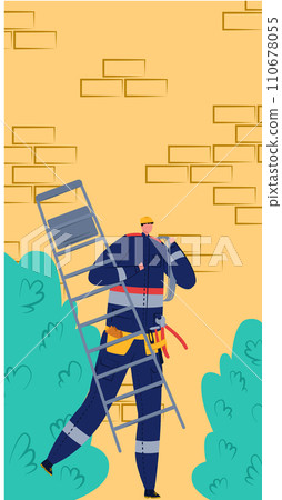 Caucasian male electrician carrying ladder and tools. Professional worker with safety gear fixing issues. Skilled trade jobs and electrical maintenance vector illustration. 110678055