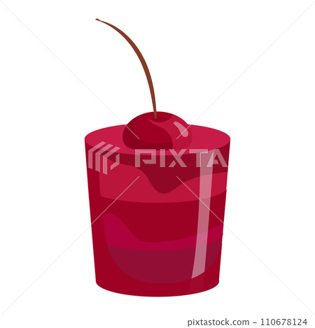 Red jelly dessert with cherry on top. Glossy gelatin snack with fruit. Sweet food and dessert enjoyment vector illustration. Red jelly dessert with cherry on top. Glossy gelatin snack with fruit. Sweet food and dessert enjoyment vector illustration. 110678124