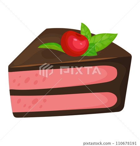 Slice of chocolate cake with pink cream and cherry on top. Delicious dessert with fresh fruit decoration vector illustration. 110678191