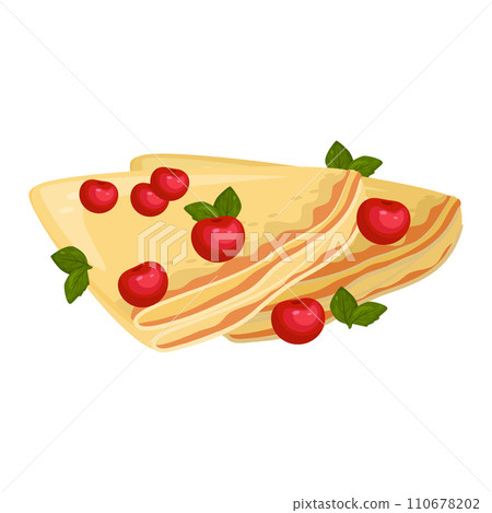 Crepes with red cherries and green leaves on top. Delicious sweet cherry pancakes breakfast. Tasty dessert food vector illustration. Crepes with red cherries and green leaves on top. Delicious sweet cherry pancakes breakfast. Tasty dessert food vector illustration. 110678202