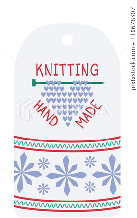 Knitting tag design with heart shapes, snowflakes, and text. Craft label for handmade items with winter theme. Crafting, homemade product tag vector illustration. Knitting tag design with heart shapes, snowflakes, and text. Craft label for handmade items with winter theme. Crafting, homemade product tag vector illustration. 110678307