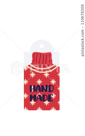 Red Christmas sweater label with HAND MADE text and snowflake decorations. Holiday DIY product tag design. Winter clothing concept vector illustration. Red Christmas sweater label with HAND MADE text and snowflake decorations. Holiday DIY product tag design. Winter clothing concept vector illustration. 110678309