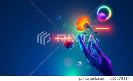 Robot flower in hand. Card for February 14 or March 8 in computer technology style, artificial intelligence or AI. Artificial robotic flower. Hand gives AI electronic flower. Valentine day card. Robot flower in hand. Card for February 14 or March 8 in computer technology style, artificial intelligence or AI. Artificial robotic flower. Hand gives AI electronic flower. Valentine day card. 110678314