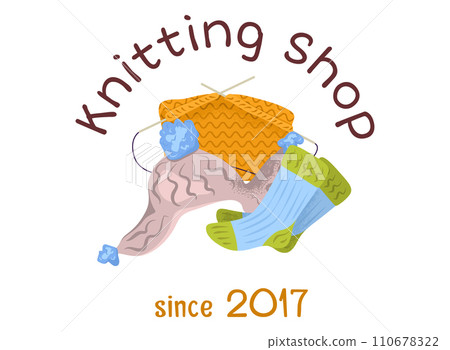 Handmade knitting shop logo with colorful wool socks, yarn, and needles. Cozy craft store emblem since 2017. Crafting and homemade goods vector illustration. 110678322