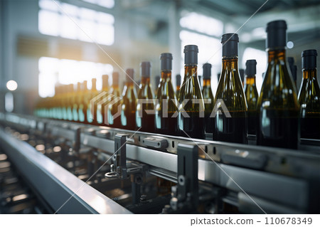 Generative AI Wine production factory, glass bottles close ups mechanism labelings 110678349