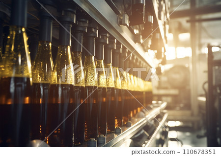 Generative AI Wine production factory, glass bottles close ups mechanism 110678351