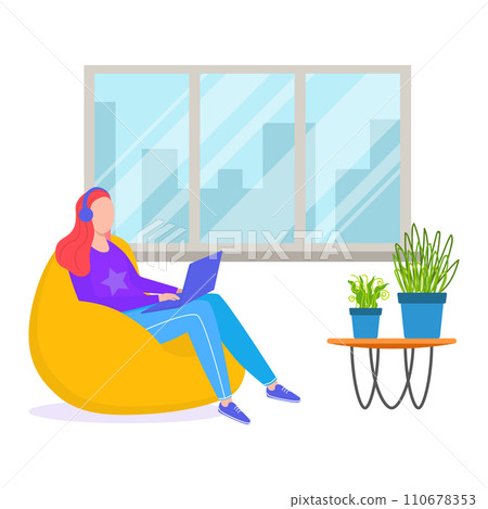 Woman with red hair sitting on yellow beanbag using laptop, indoor with large window, modern workspace. Freelancer working from home vector illustration. Woman with red hair sitting on yellow beanbag using laptop, indoor with large window, modern workspace. Freelancer working from home vector illustration. 110678353