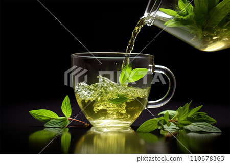 Generative AI Fresh green tea pouring in a glass cup over dark backgrounds 110678363