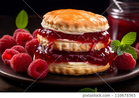 Generative AI Cookies with raspberry jam close up homemades delicious tasty 110678365