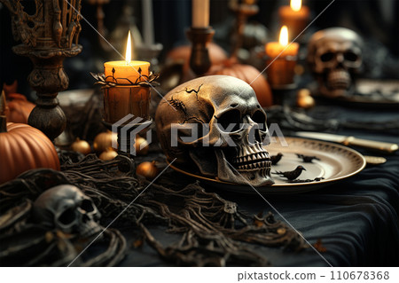 Generative AI Halloween pumpkin and candles on a table with decorations, dark lights 110678368