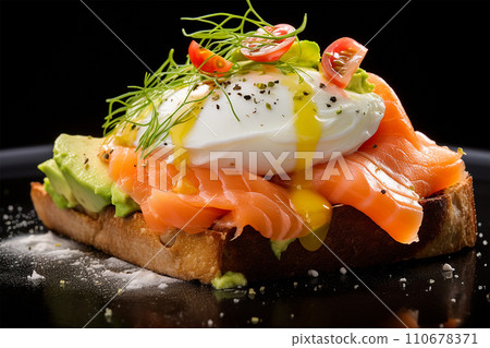 Generative AI Avocado and salmon toast with poached egg on top delicious close up breakfasts 110678371