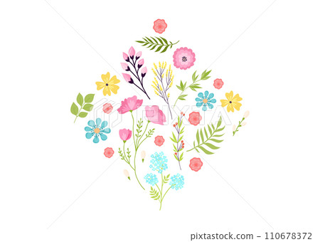 Assorted floral elements arranged in heart shape, colorful flowers and leaves design. Love, spring, and nature themes. Romantic garden composition vector illustration. 110678372