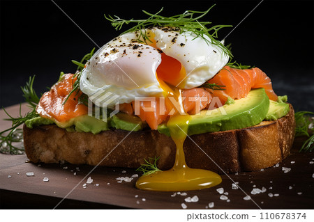 Generative AI Avocado and salmon toast with poached egg on top delicious close up breakfasts 110678374