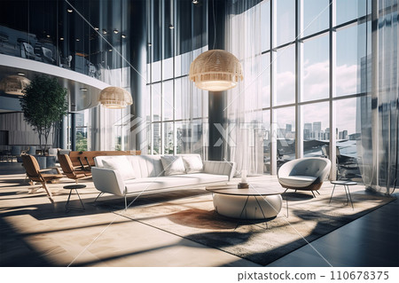 Generative AI Modern hotel reception with couch and large windows, contemporary interior designs 110678375