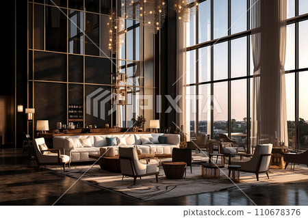 Generative AI Modern hotel reception with couch and large windows, contemporary interior designs 110678376