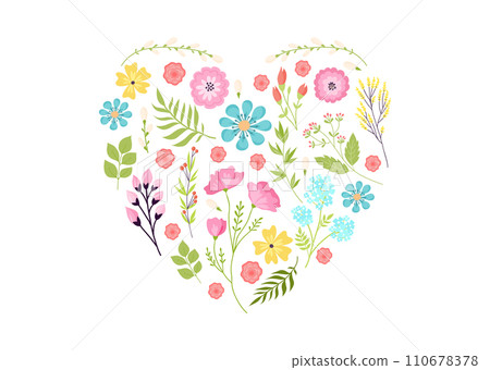 Floral heart shape with colorful flowers and leaves. Nature inspired design, romantic botanical arrangement. Springtime love symbol vector illustration. 110678378