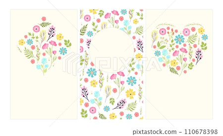 Floral greeting cards with colorful flowers and leaves arranged in patterns and shapes. Spring blossoms and foliage for invitations. Cheerful and delicate nature designs vector illustration. 110678398