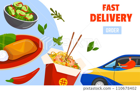 Food delivery service concept with a car, various dishes, and FAST DELIVERY ORDER text. Online order takeaway graphics. Convenience meal delivery vector illustration. 110678402