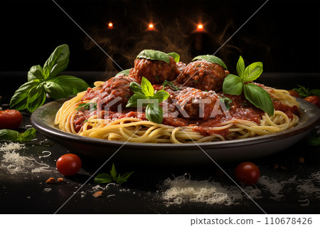 Generative AI Spaghetti meatball with marinara sauce close up, detailed foods Generative AI Spaghetti meatball with marinara sauce close up, detailed foods 110678426