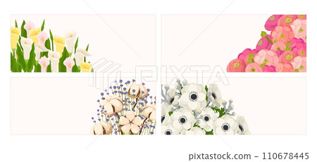 Four panels of various flowers including calla lilies, roses, anemones, and lavender. Elegant floral designs for spring occasions. Artistic flowers for greeting cards vector illustration. 110678445