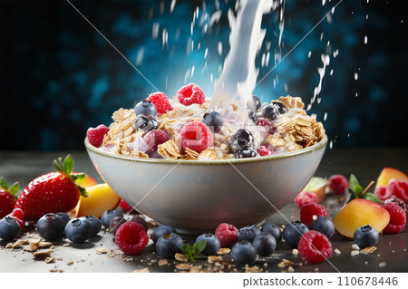 Generative AI Granola with milk splash breakfast bowl with berry fruits 110678446