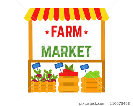 Colorful farm market stall with fresh vegetables in wooden crates. Local produce stand with beets, tomatoes, and lettuce vector illustration. Colorful farm market stall with fresh vegetables in wooden crates. Local produce stand with beets, tomatoes, and lettuce vector illustration. 110678468