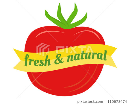 Red tomato with green stem, yellow banner with text fresh natural . Organic food label, healthy eating concept vector illustration. 110678474