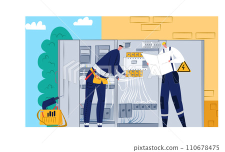 Two electricians working on an electrical panel indoors, one checking wires, the other reading a schematic. Professional teamwork at power system installation vector illustration. 110678475