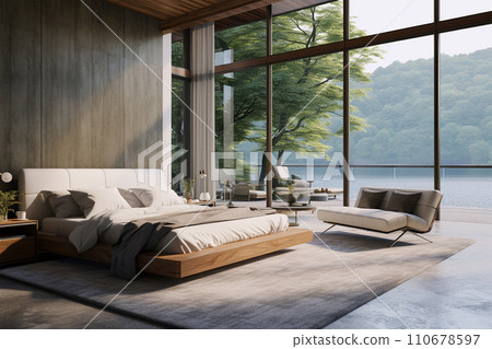 Generative AI white bedroom at sunset modern styles, minimalist generated by AI 110678597