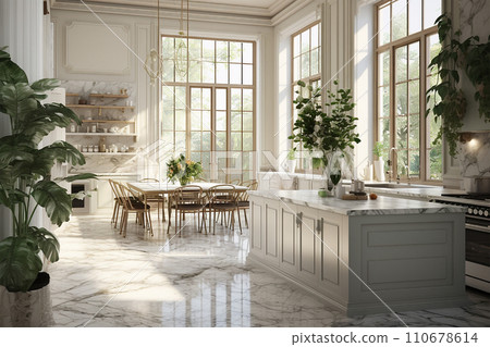Generative AI Luxury kitchen with wide windows and classic decor generated by AI 110678614