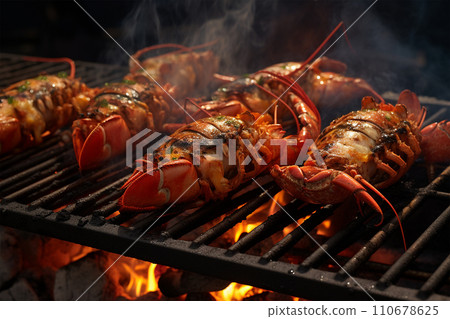 Generative AI Grilled lobster cooking on grill with fire generated by AI 110678625