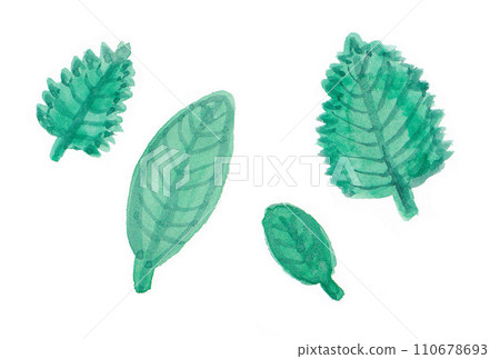 Illustration set of green leaves painted with transparent watercolors Illustration set of green leaves painted with transparent watercolors 110678693