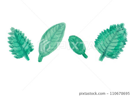 Horizontal green leaf illustration set drawn with transparent watercolors Horizontal green leaf illustration set drawn with transparent watercolors 110678695