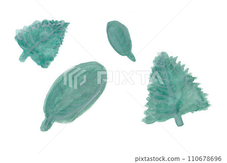 Illustration set of dark green leaves painted with transparent watercolors Illustration set of dark green leaves painted with transparent watercolors 110678696
