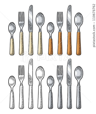 Cutlery set with knifes, spoons and fork. Vector vintage engraving 110678762