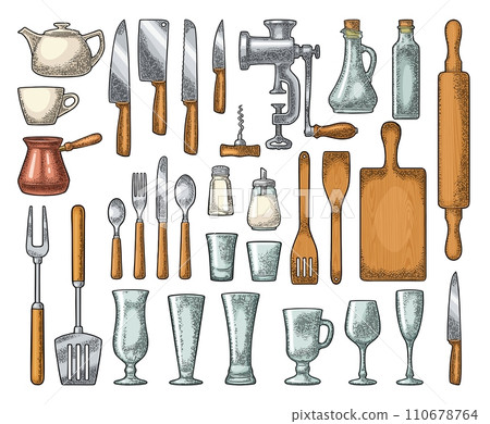 Set Kitchen utensils. Vector vintage engraving isolated on white 110678764