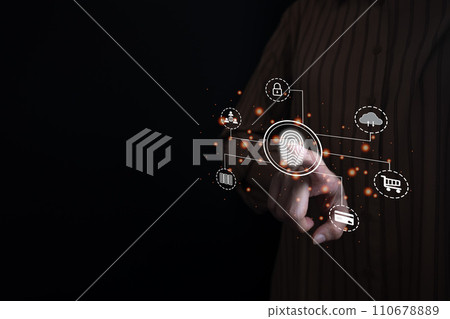 User touching screen to fingerprint scanner, security access information, big data management concept, Internet of things, cloud computing, internet connection, shopping online and cashless society. 110678889