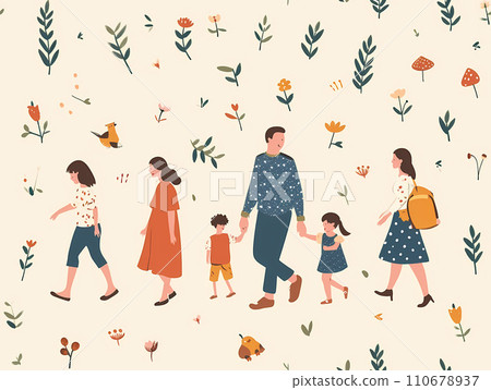 A warm illustration of a family holding hands in nature 110678937