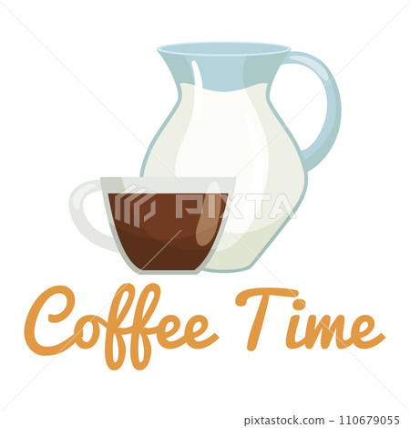 Transparent glass cup of coffee with milk jug. Warm comforting beverage concept. Coffee break, cozy morning drink vector illustration. 110679055