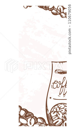 Coffee beans and a cup with calligraphy. Drawn style cafe menu design. Comfort beverage and cozy atmosphere vector illustration. 110679056