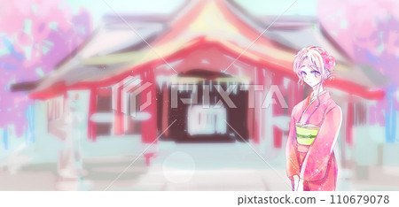 A blonde woman wearing a long-sleeved kimono and an unusual shrine background Spring cherry blossoms A blonde woman wearing a long-sleeved kimono and an unusual shrine background Spring cherry blossoms 110679078