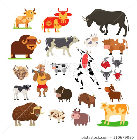 Assorted cow breeds and styles including cartoon and realistic representations. Bovine collection with various patterns and poses vector illustration. Assorted cow breeds and styles including cartoon and realistic representations. Bovine collection with various patterns and poses vector illustration. 110679080