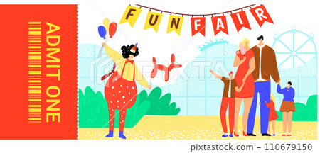 Family with two kids and clown at funfair. Parents and children enjoy carnival, clown with balloons. Amusement park vector illustration. Family with two kids and clown at funfair. Parents and children enjoy carnival, clown with balloons. Amusement park vector illustration. 110679150