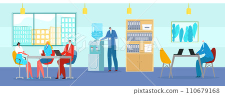 Office, business coworking space, vector illustration. Workplace for man woman people character, team at corporate meeting concept. Flat table with computer design, creative teamwork. 110679168